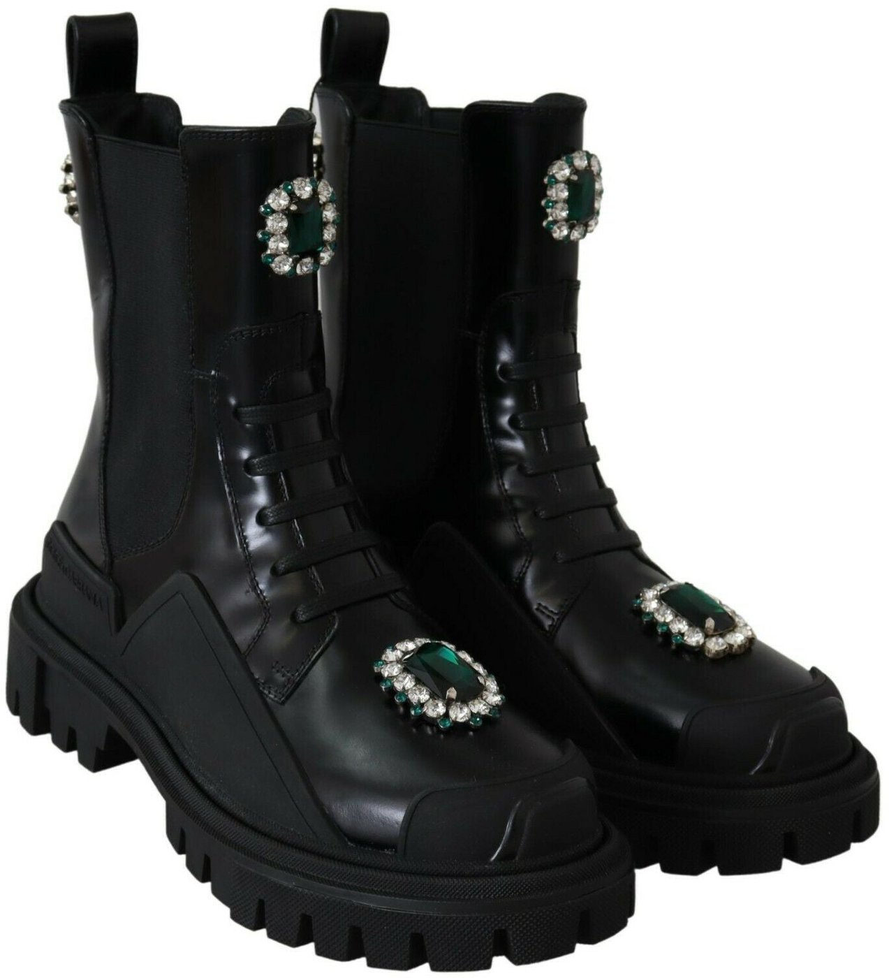Dolce & Gabbana Black Leather Crystal Combat Boots
