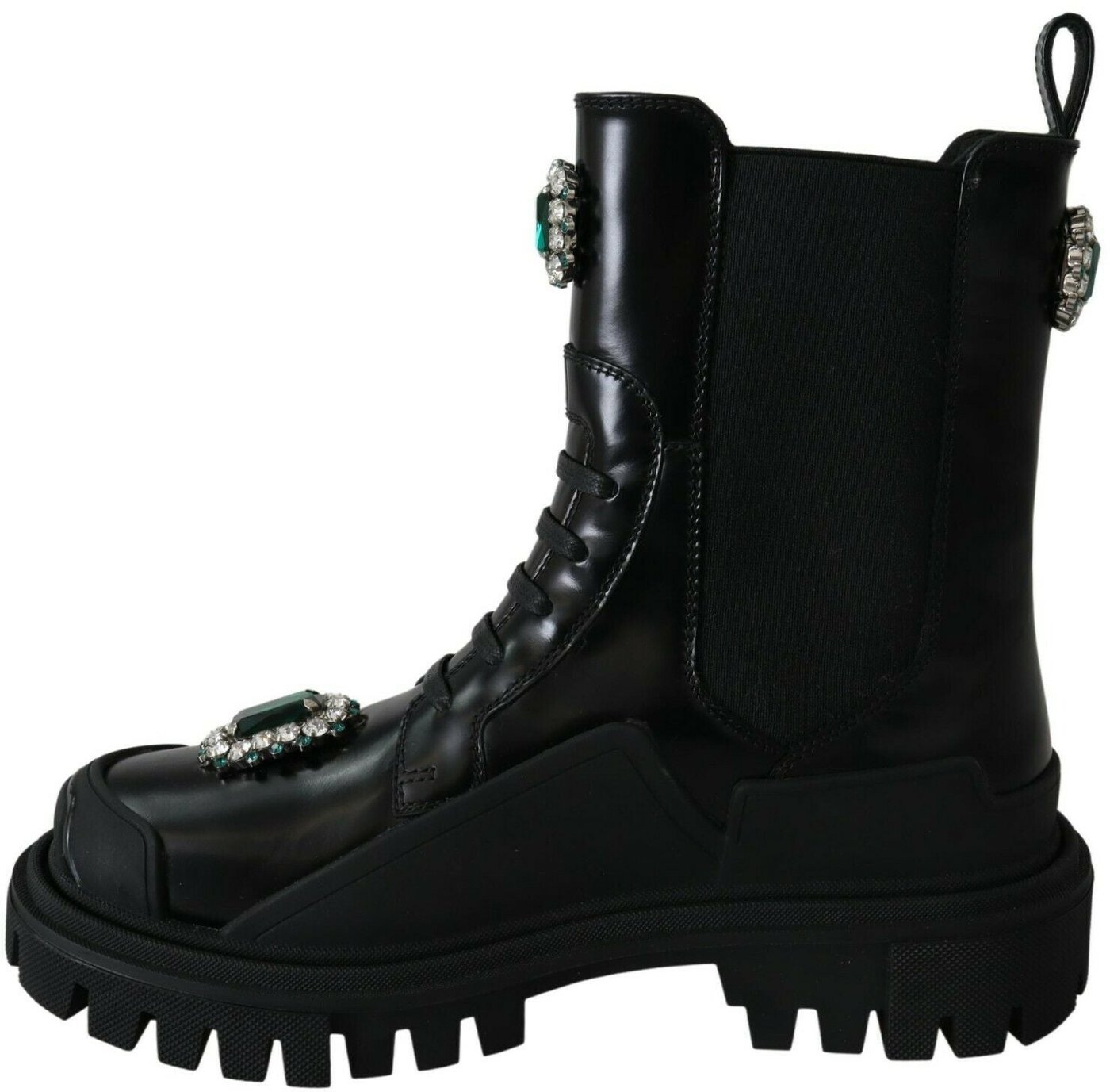 Dolce & Gabbana Black Leather Crystal Combat Boots