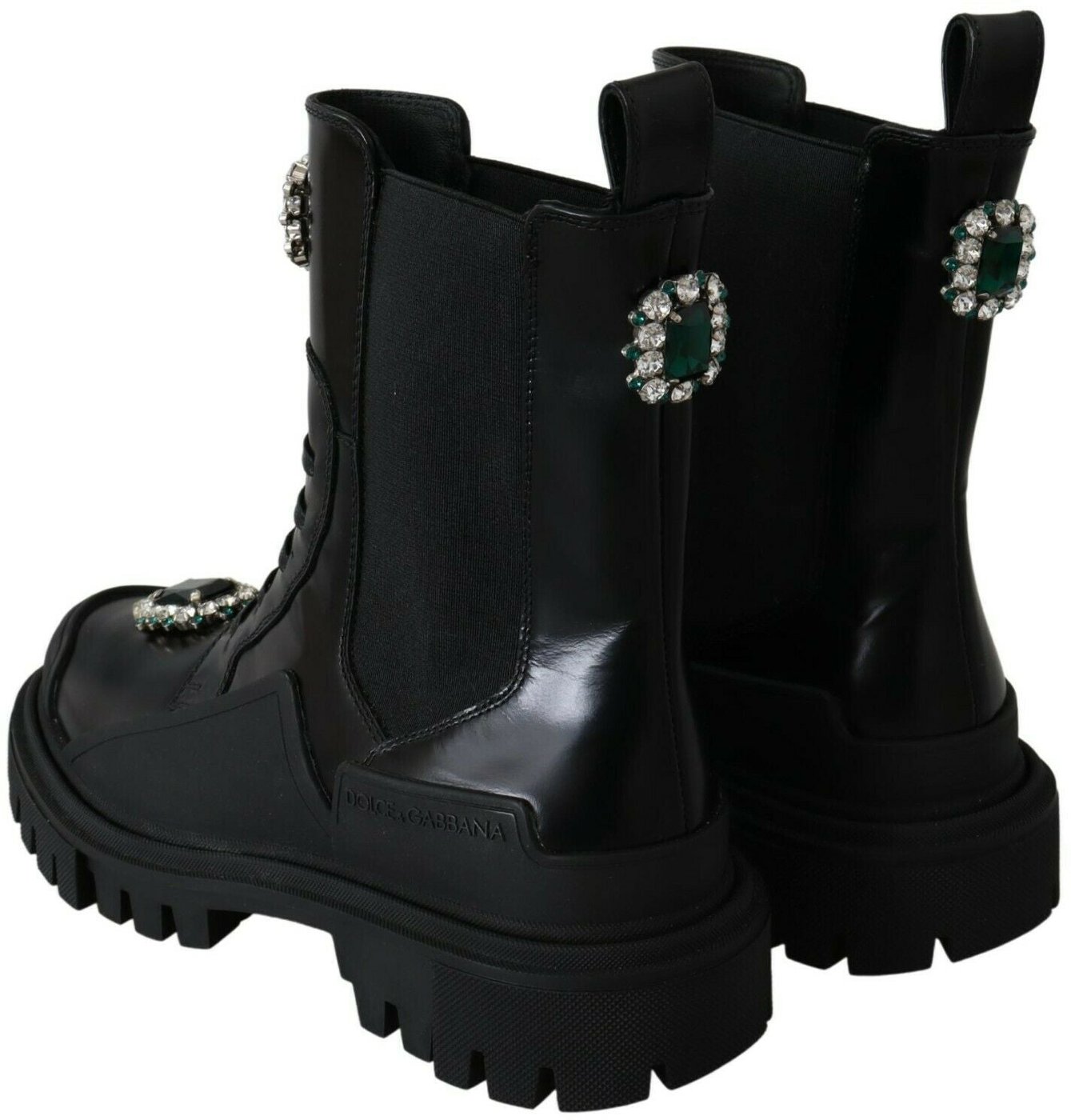 Dolce & Gabbana Black Leather Crystal Combat Boots