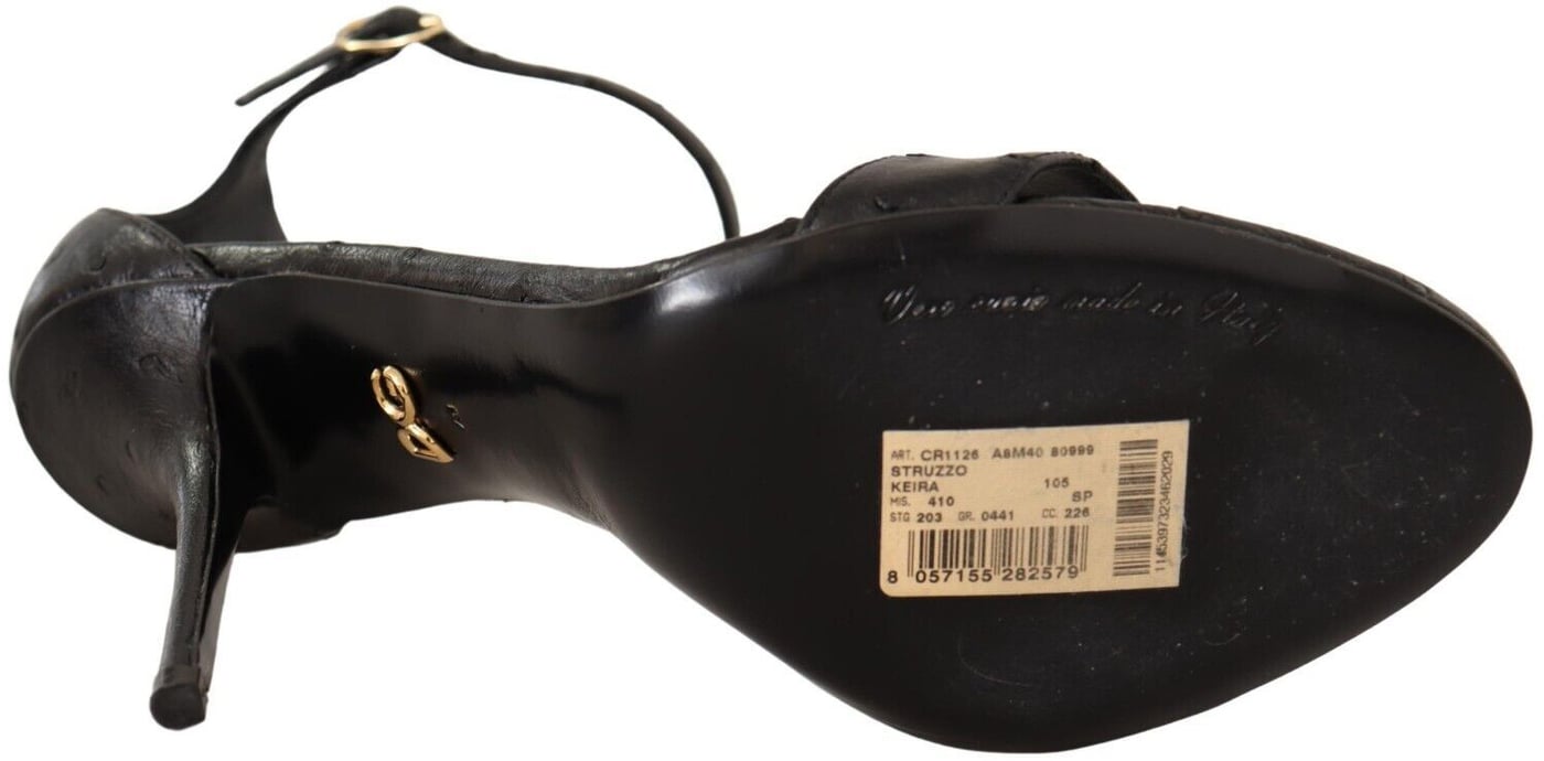 Dolce & Gabbana Black Ostrich Ankle Strap Heels Sandals Shoes