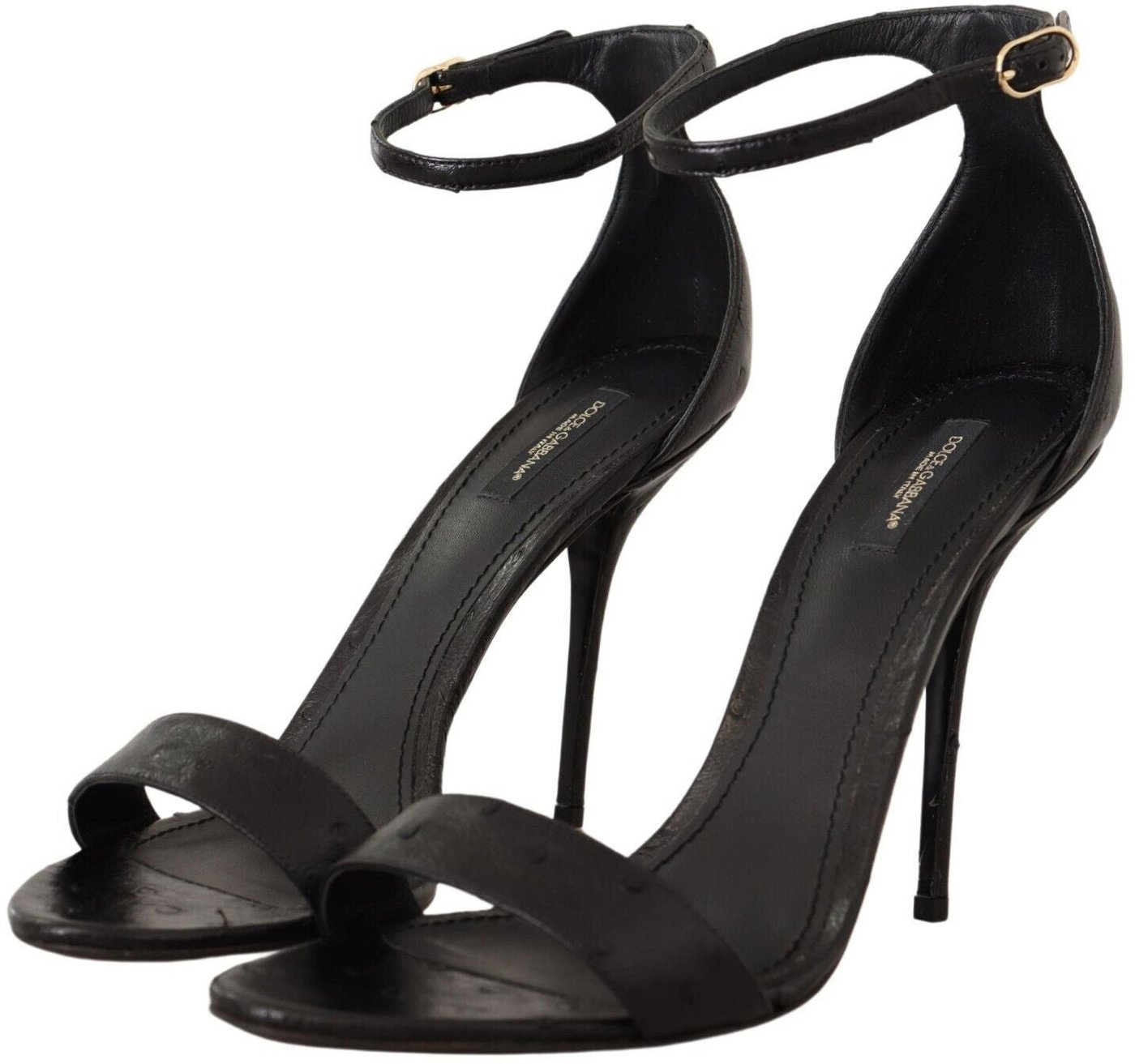 Dolce & Gabbana Black Ostrich Ankle Strap Heels Sandals Shoes
