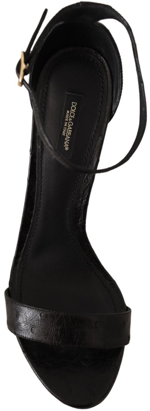Dolce & Gabbana Black Ostrich Ankle Strap Heels Sandals Shoes