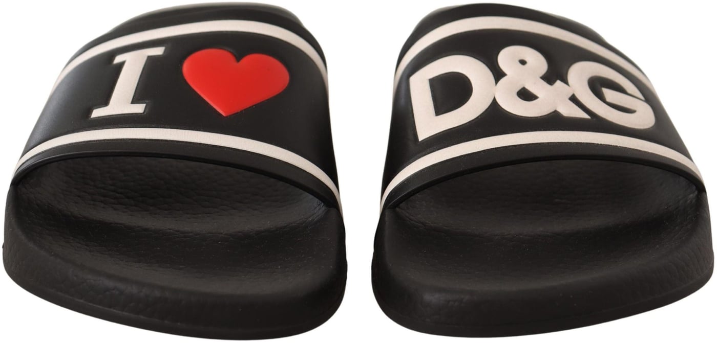 Dolce & Gabbana Black Leather I Love D&G Slides Sandals
