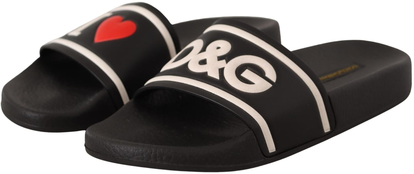 Dolce & Gabbana Black Leather I Love D&G Slides Sandals