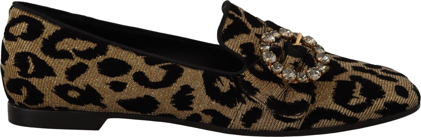 Dolce & Gabbana Gold Leopard Print Crystals Loafers Shoes