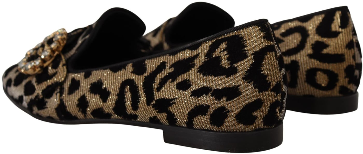 Dolce & Gabbana Gold Leopard Print Crystals Loafers Shoes