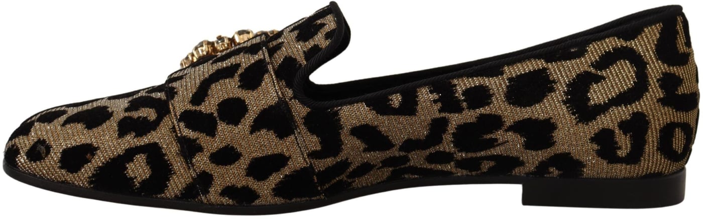 Dolce & Gabbana Gold Leopard Print Crystals Loafers Shoes