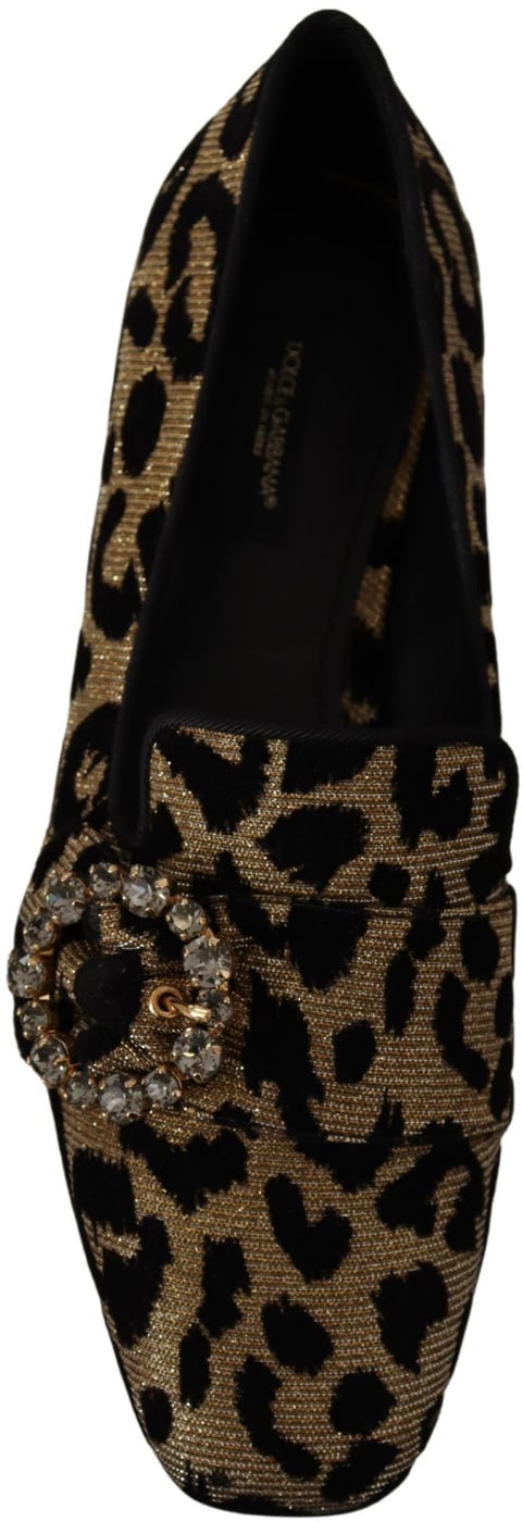 Dolce & Gabbana Gold Leopard Print Crystals Loafers Shoes