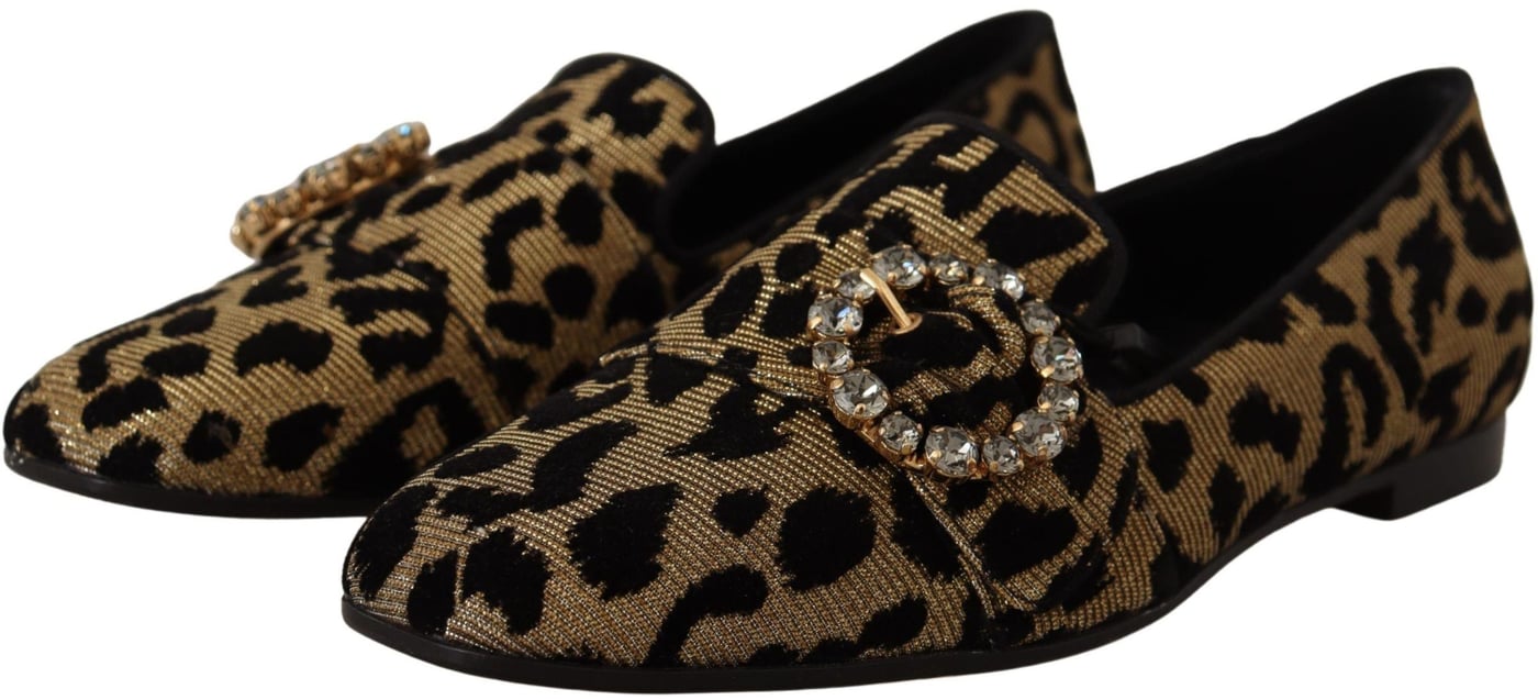 Dolce & Gabbana Gold Leopard Print Crystals Loafers Shoes