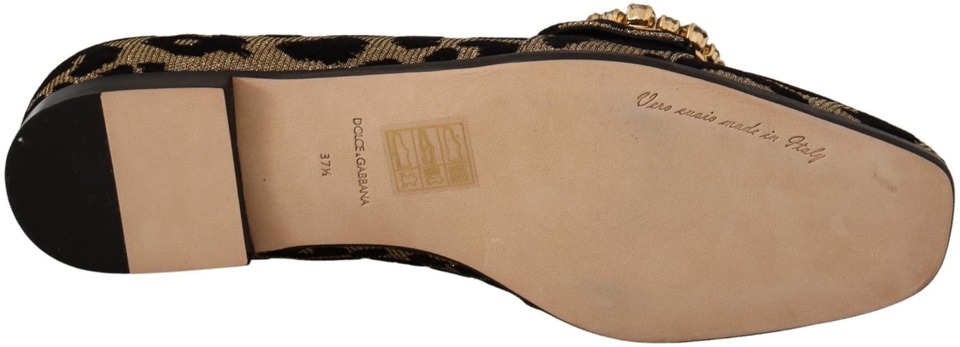 Dolce & Gabbana Gold Leopard Print Crystals Loafers Shoes