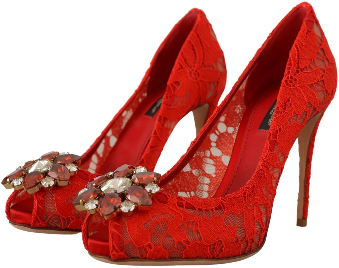 Dolce & Gabbana Red Taormina Lace Crystal Heels Pumps