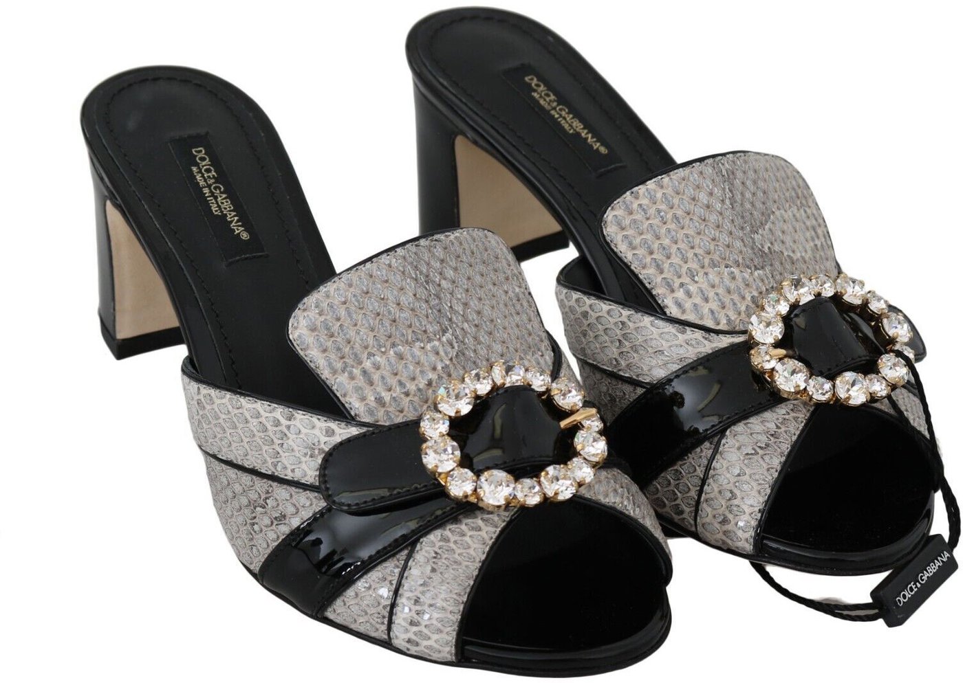 Dolce & Gabbana Black Gray Exotic Leather Crystals Sandals Shoes