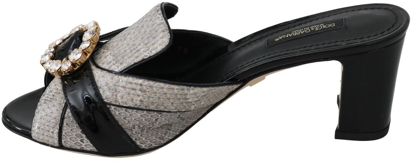 Dolce & Gabbana Black Gray Exotic Leather Crystals Sandals Shoes