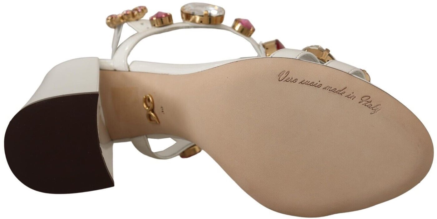 Dolce & Gabbana White Leather Crystal Keira Heels Sandals Shoes