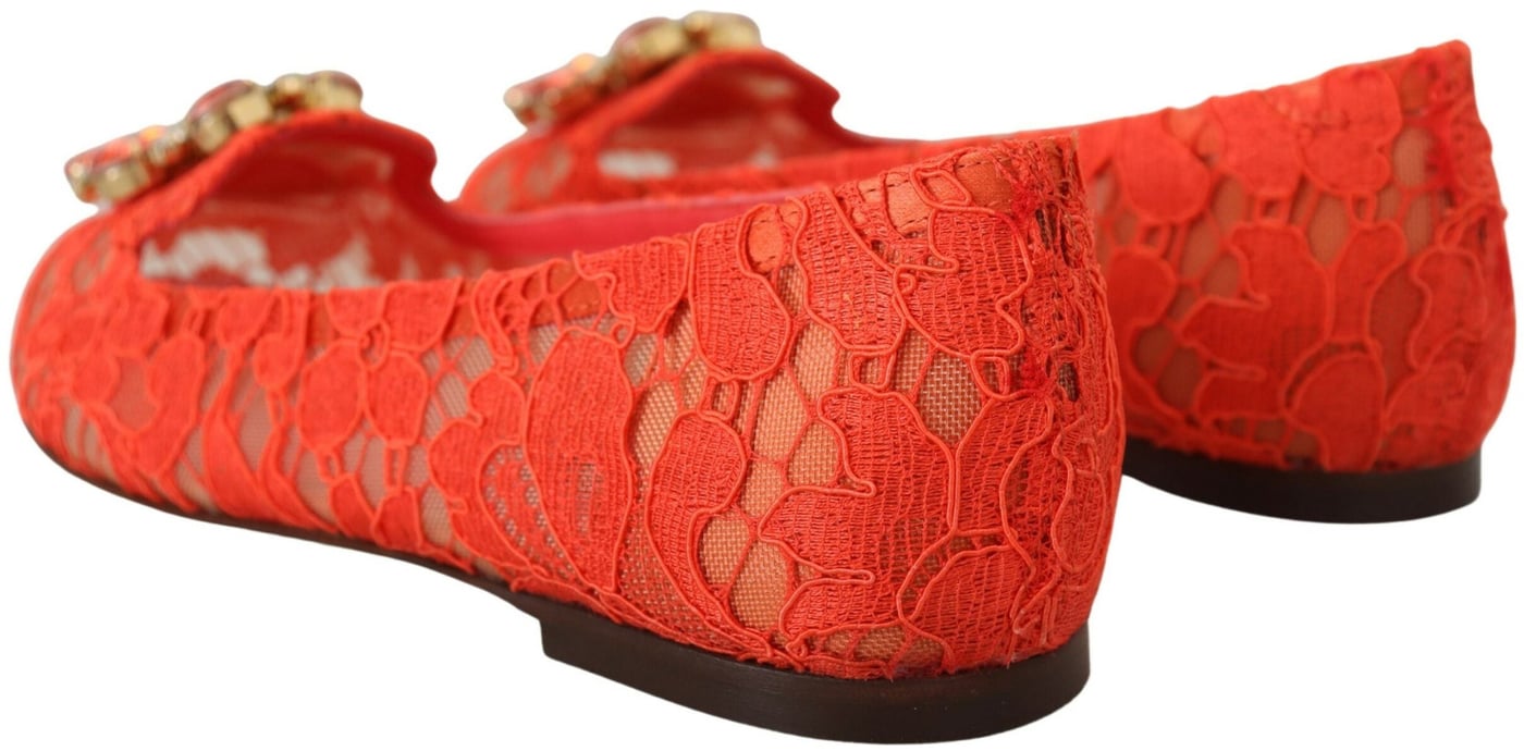 Dolce & Gabbana Red Taormina Lace Crystals Ballet Flats Shoes