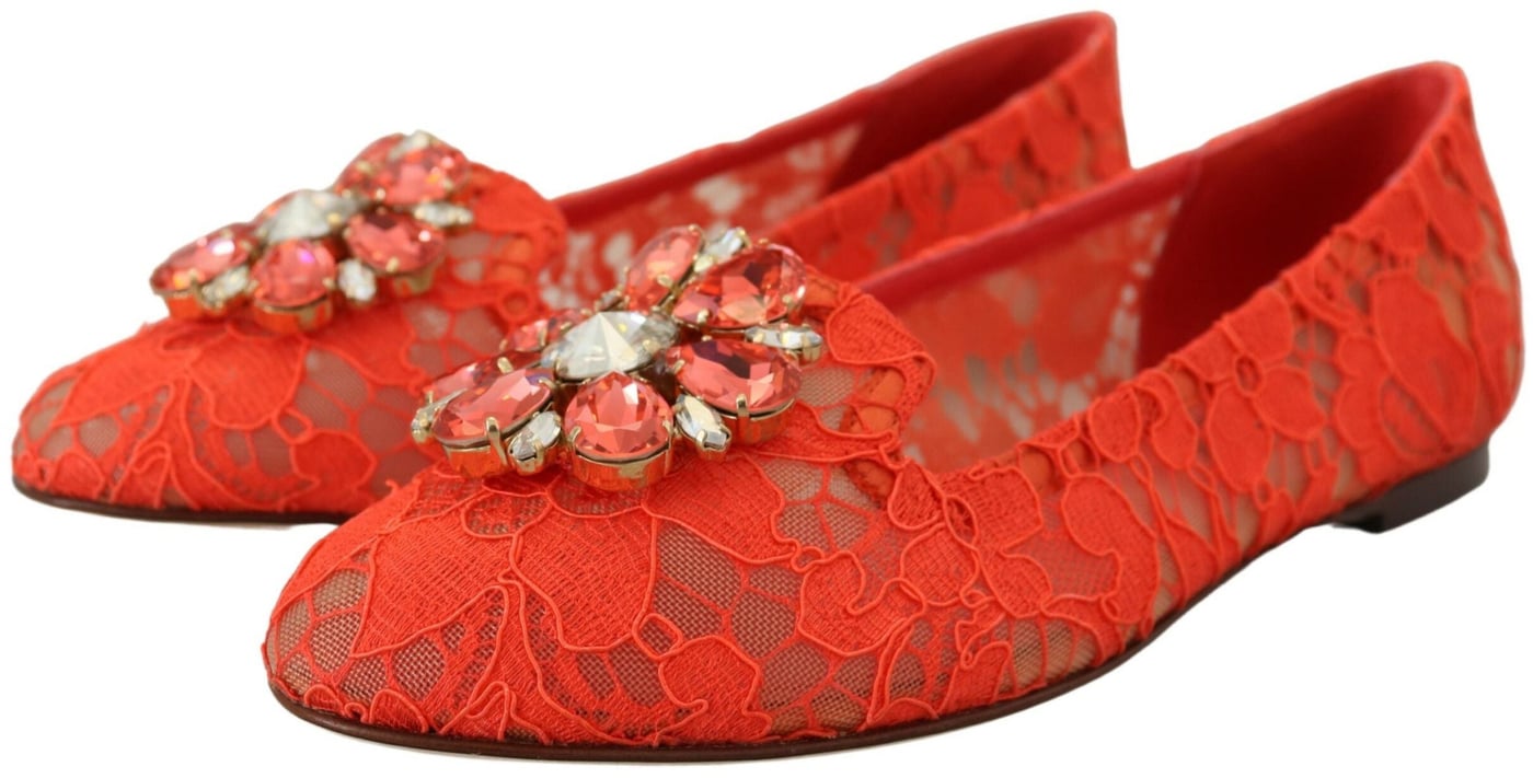 Dolce & Gabbana Red Taormina Lace Crystals Ballet Flats Shoes