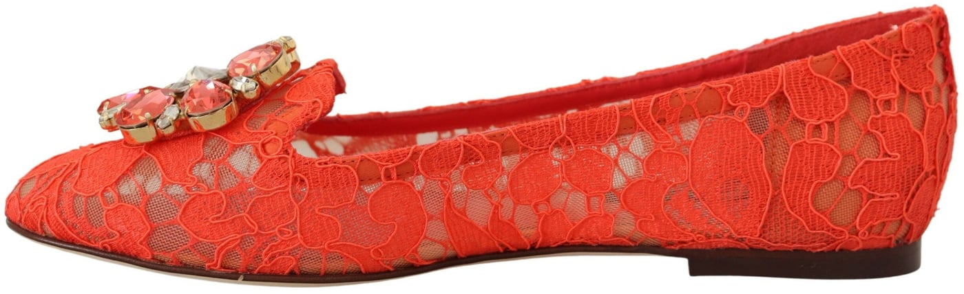 Dolce & Gabbana Red Taormina Lace Crystals Ballet Flats Shoes