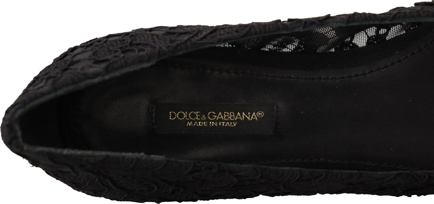 Dolce & Gabbana Black Taormina Lace Crystals Flats Shoes