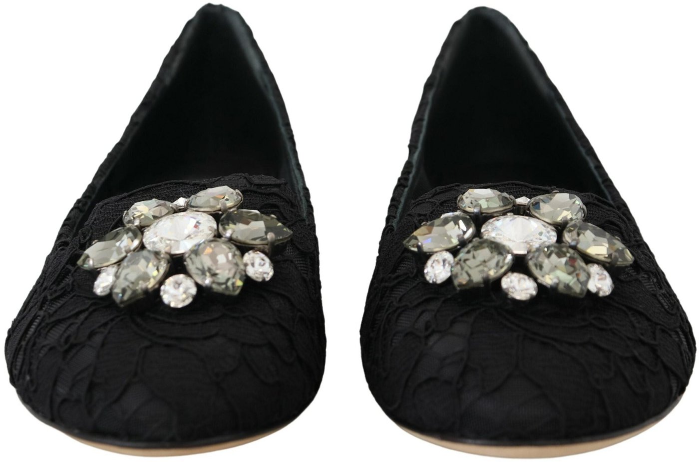 Dolce & Gabbana Black Taormina Lace Crystals Flats Shoes
