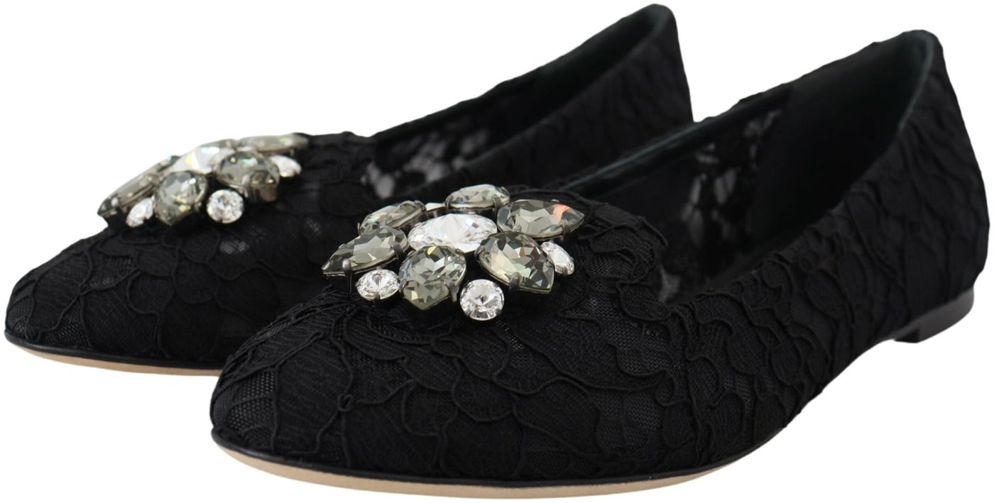 Dolce & Gabbana Black Taormina Lace Crystals Flats Shoes