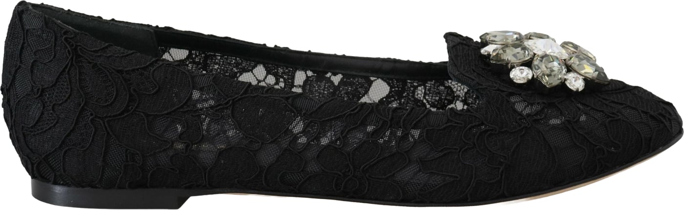 Dolce & Gabbana Black Taormina Lace Crystals Flats Shoes