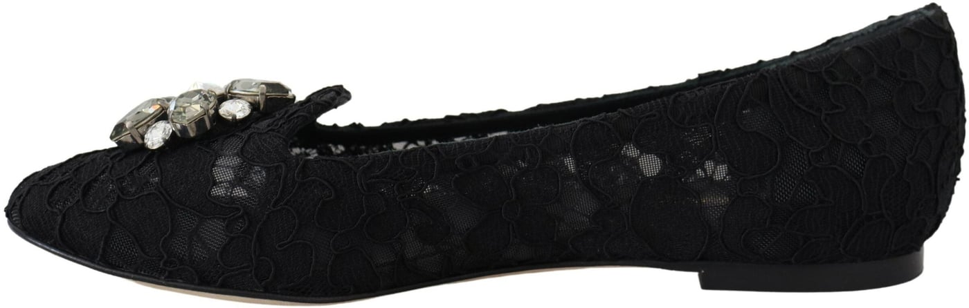 Dolce & Gabbana Black Taormina Lace Crystals Flats Shoes