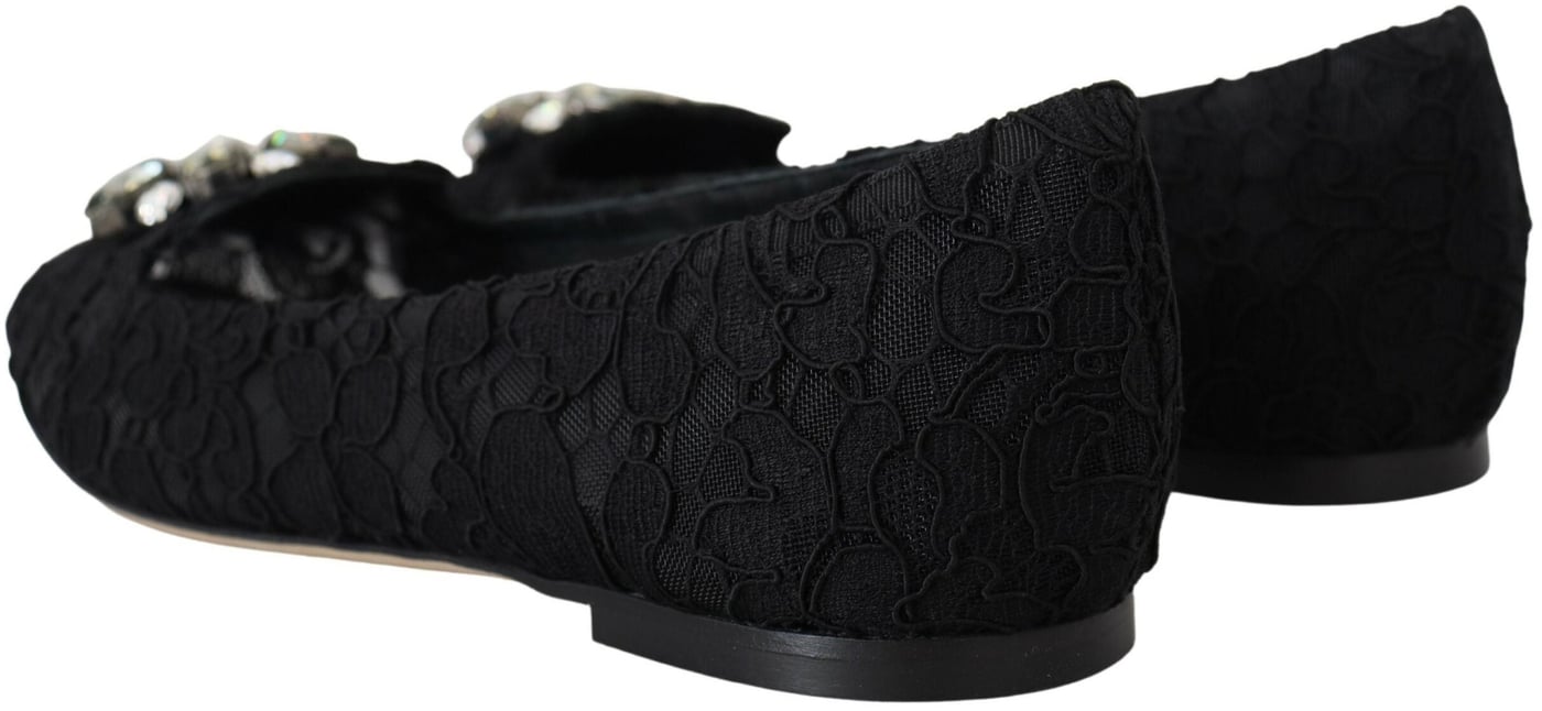 Dolce & Gabbana Black Taormina Lace Crystals Flats Shoes