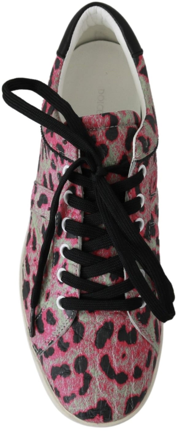 Dolce & Gabbana Pink Leopard Print Training Leather Flat Sneakers