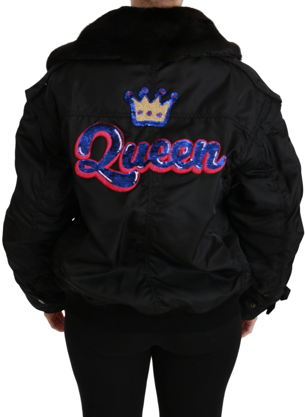 Dolce & Gabbana Black Queen Crown Sequined Bomber Jacket
