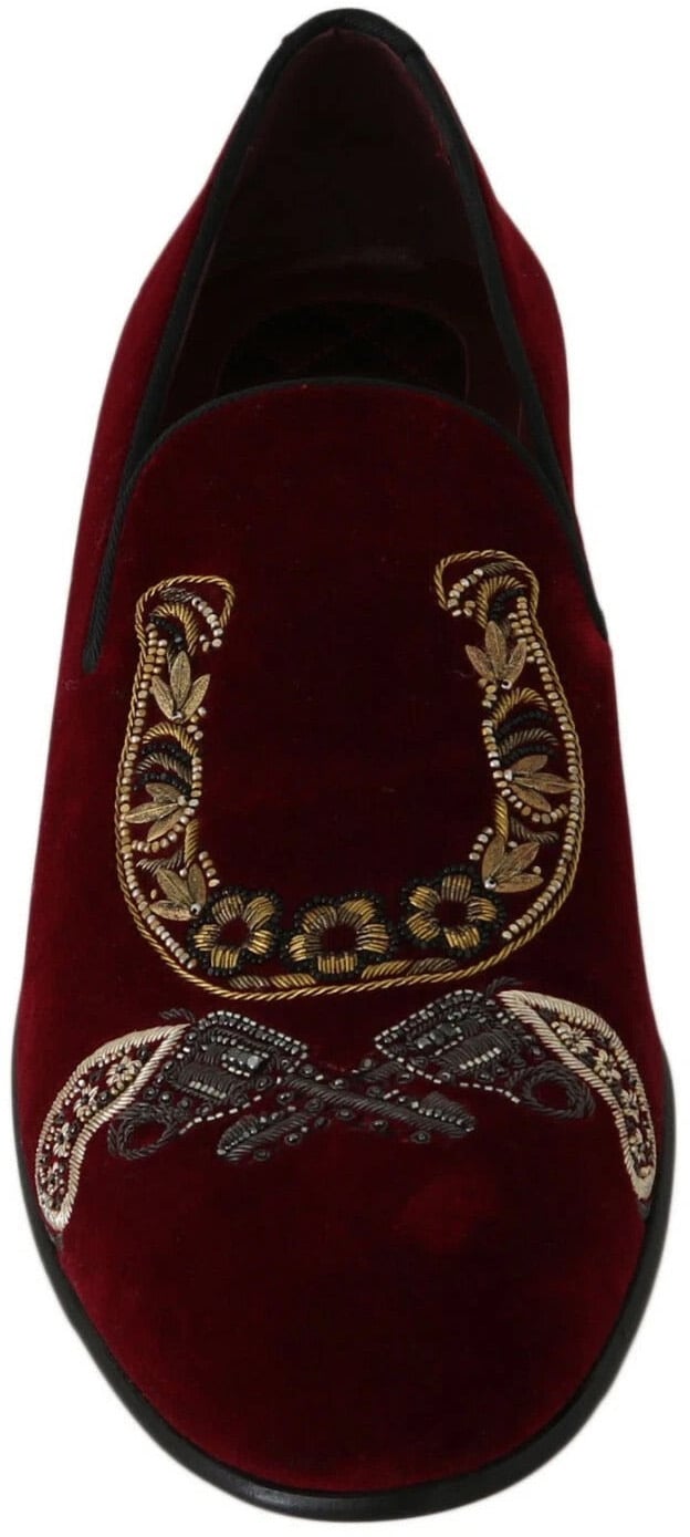 Dolce & Gabbana Bordeaux Velvet Loafers Gun Horseshoe Shoes