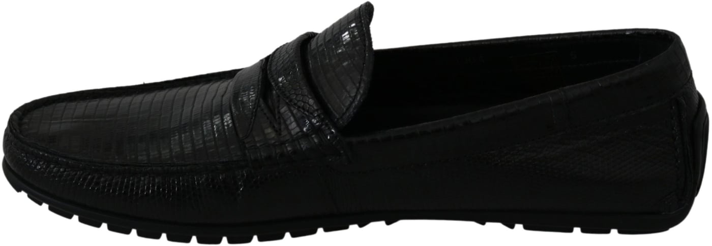 Dolce & Gabbana Black Lizard Leather Flat Loafers Shoes