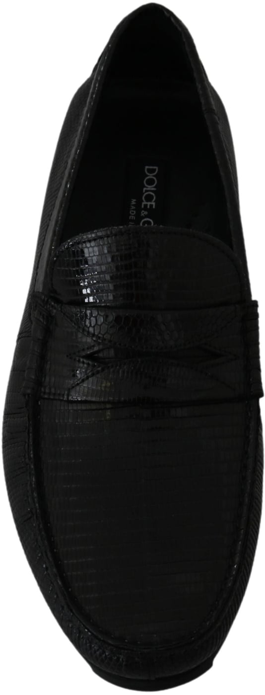 Dolce & Gabbana Black Lizard Leather Flat Loafers Shoes