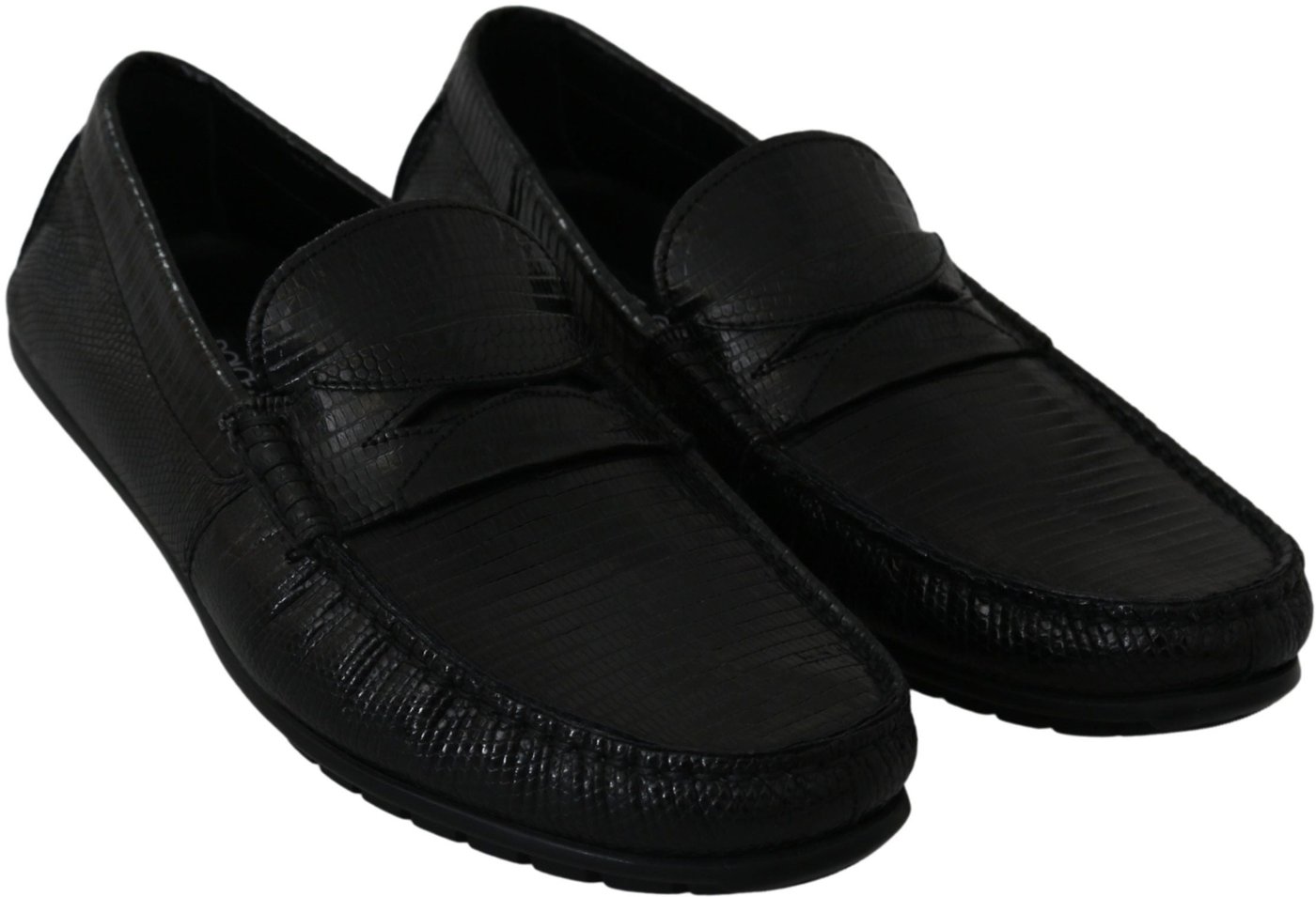 Dolce & Gabbana Black Lizard Leather Flat Loafers Shoes
