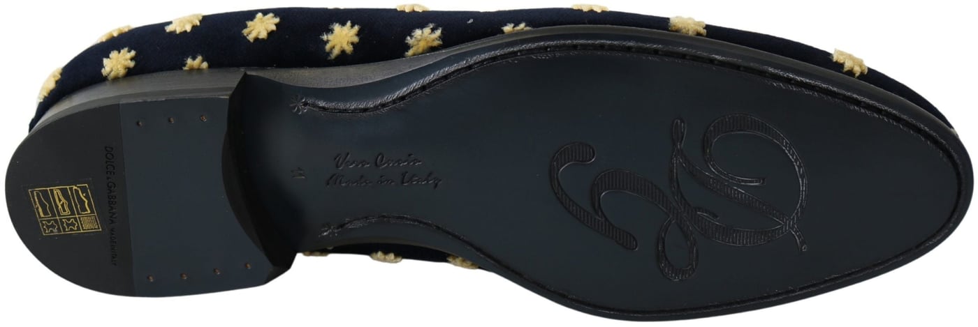 Dolce & Gabbana Blue Velvet Crown Slippers Loafers Shoes