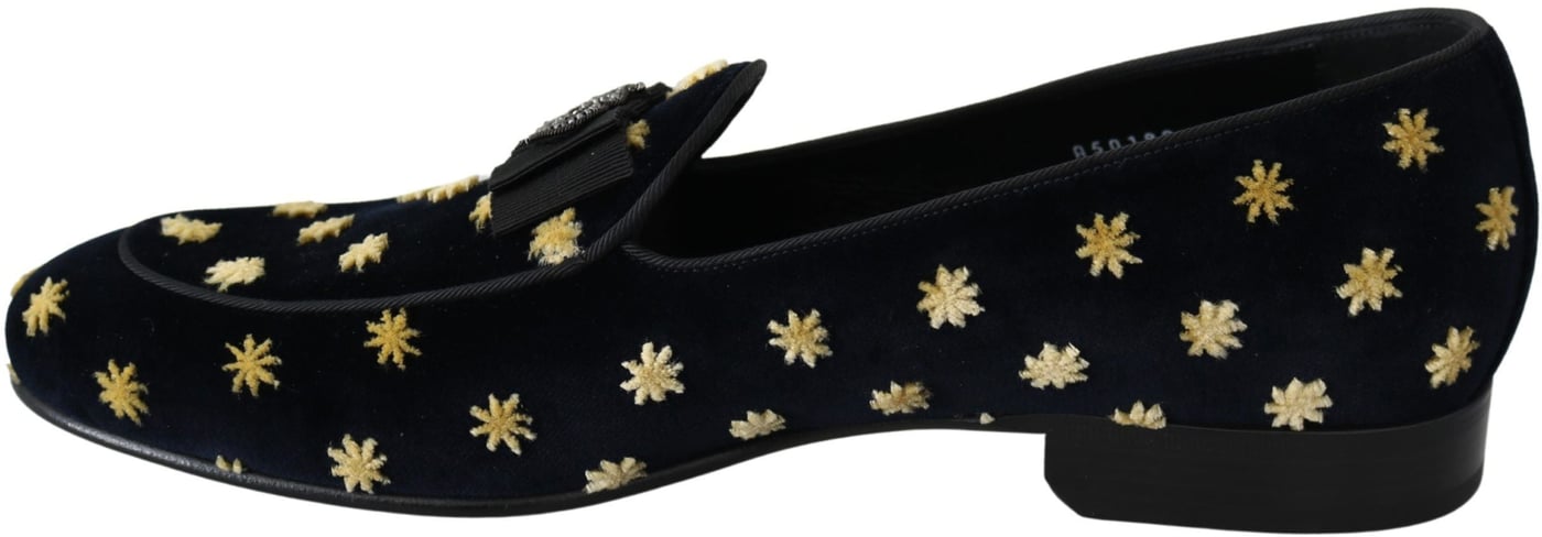Dolce & Gabbana Blue Velvet Crown Slippers Loafers Shoes