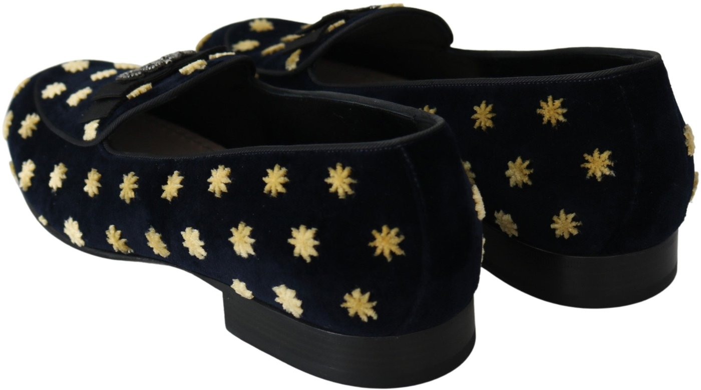 Dolce & Gabbana Blue Velvet Crown Slippers Loafers Shoes