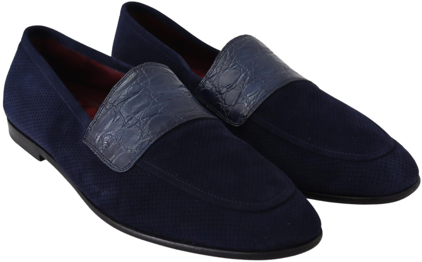 Dolce & Gabbana Blue Suede Caiman Loafers Slippers Shoes