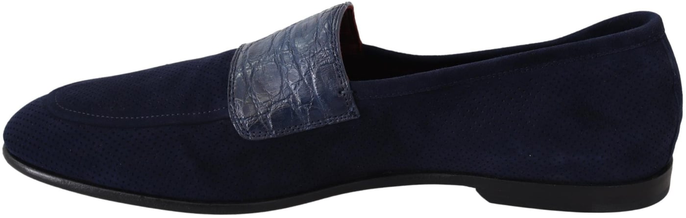 Dolce & Gabbana Blue Suede Caiman Loafers Slippers Shoes