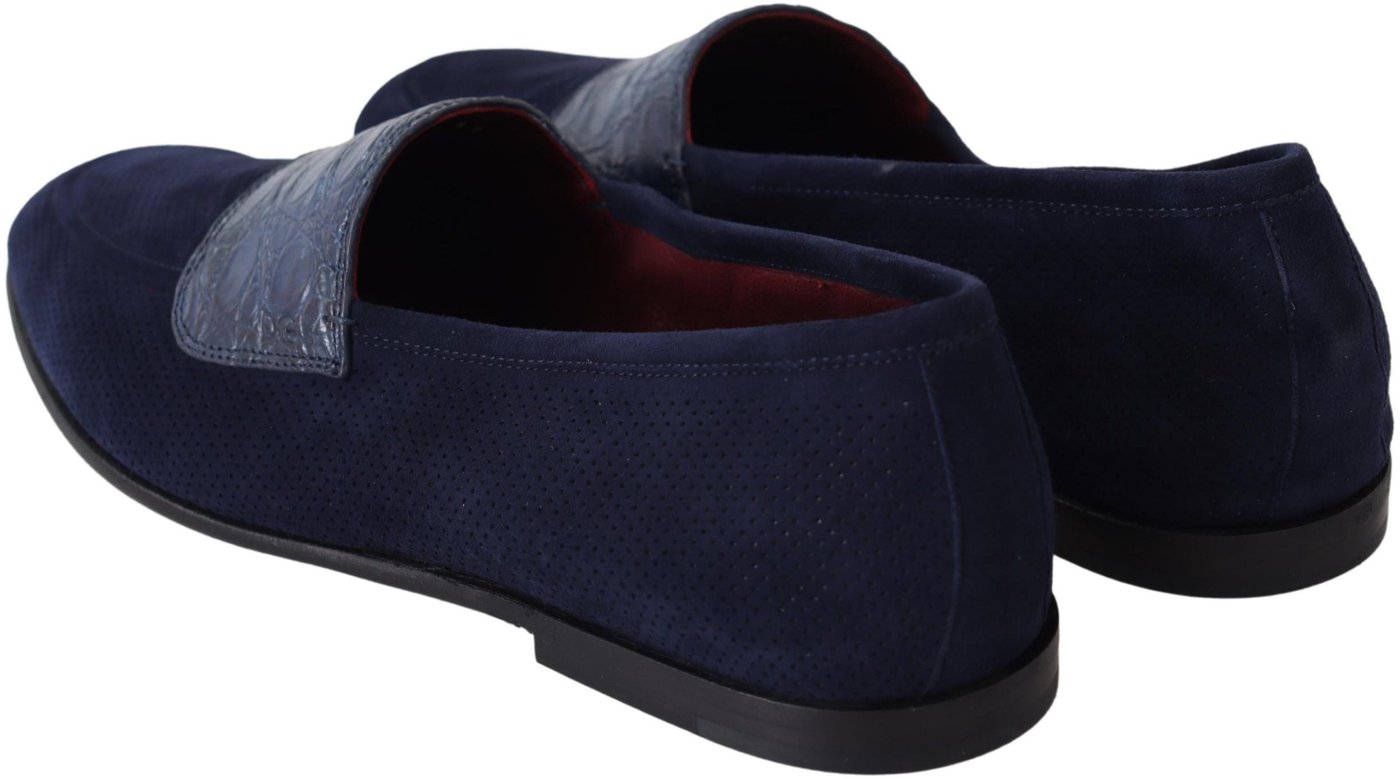 Dolce & Gabbana Blue Suede Caiman Loafers Slippers Shoes
