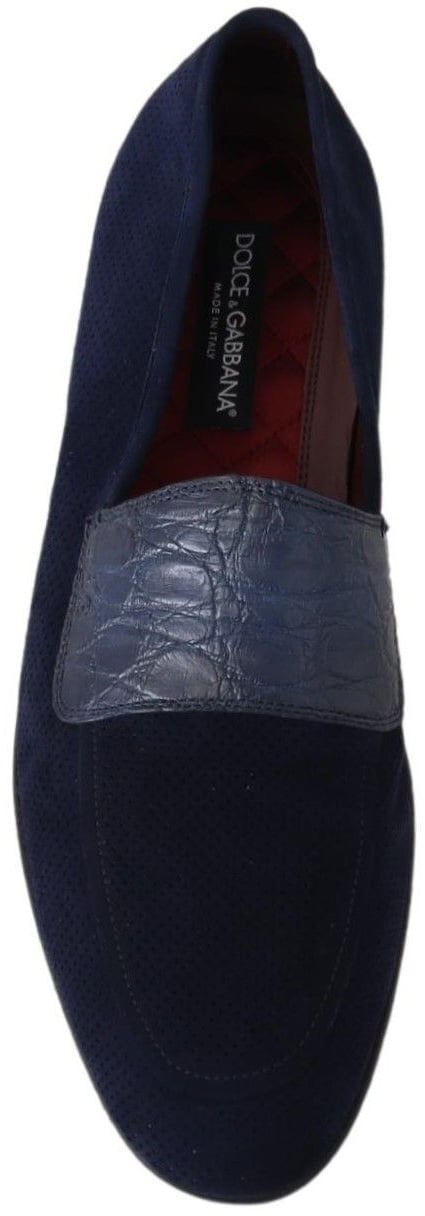 Dolce & Gabbana Blue Suede Caiman Loafers Slippers Shoes