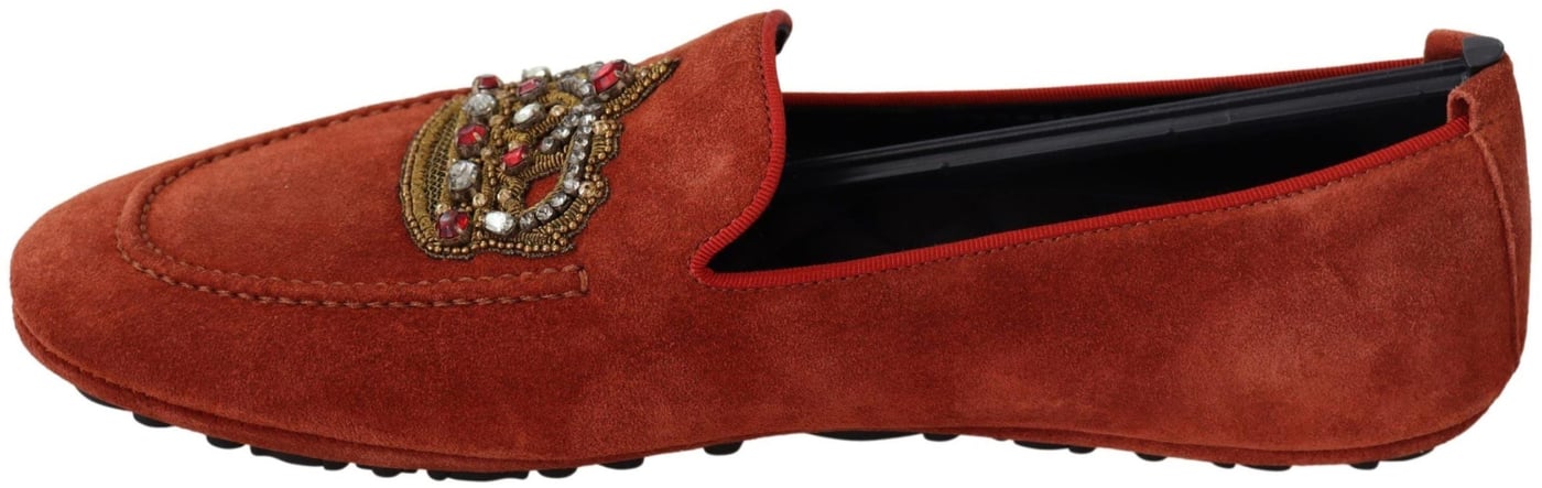 Dolce & Gabbana Orange Leather Crystal Crown  Loafers Shoes