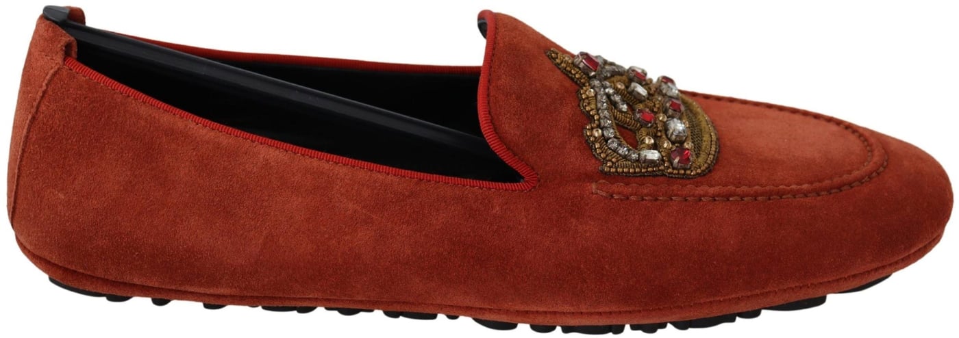 Dolce & Gabbana Orange Leather Crystal Crown  Loafers Shoes