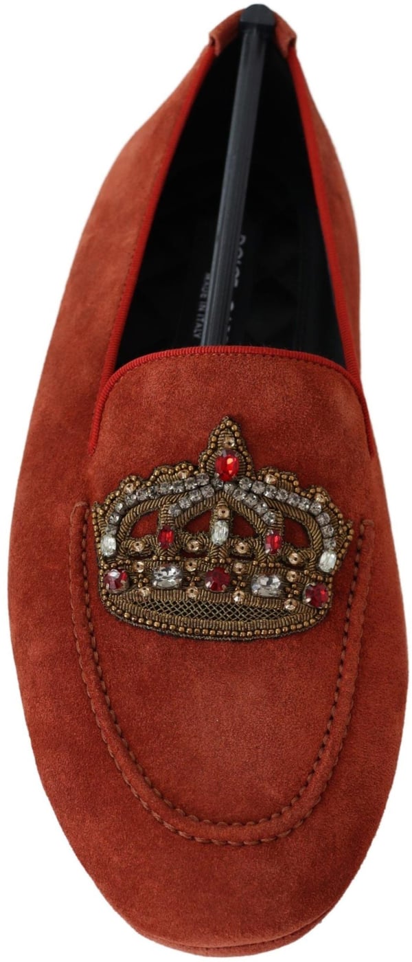Dolce & Gabbana Orange Leather Crystal Crown  Loafers Shoes
