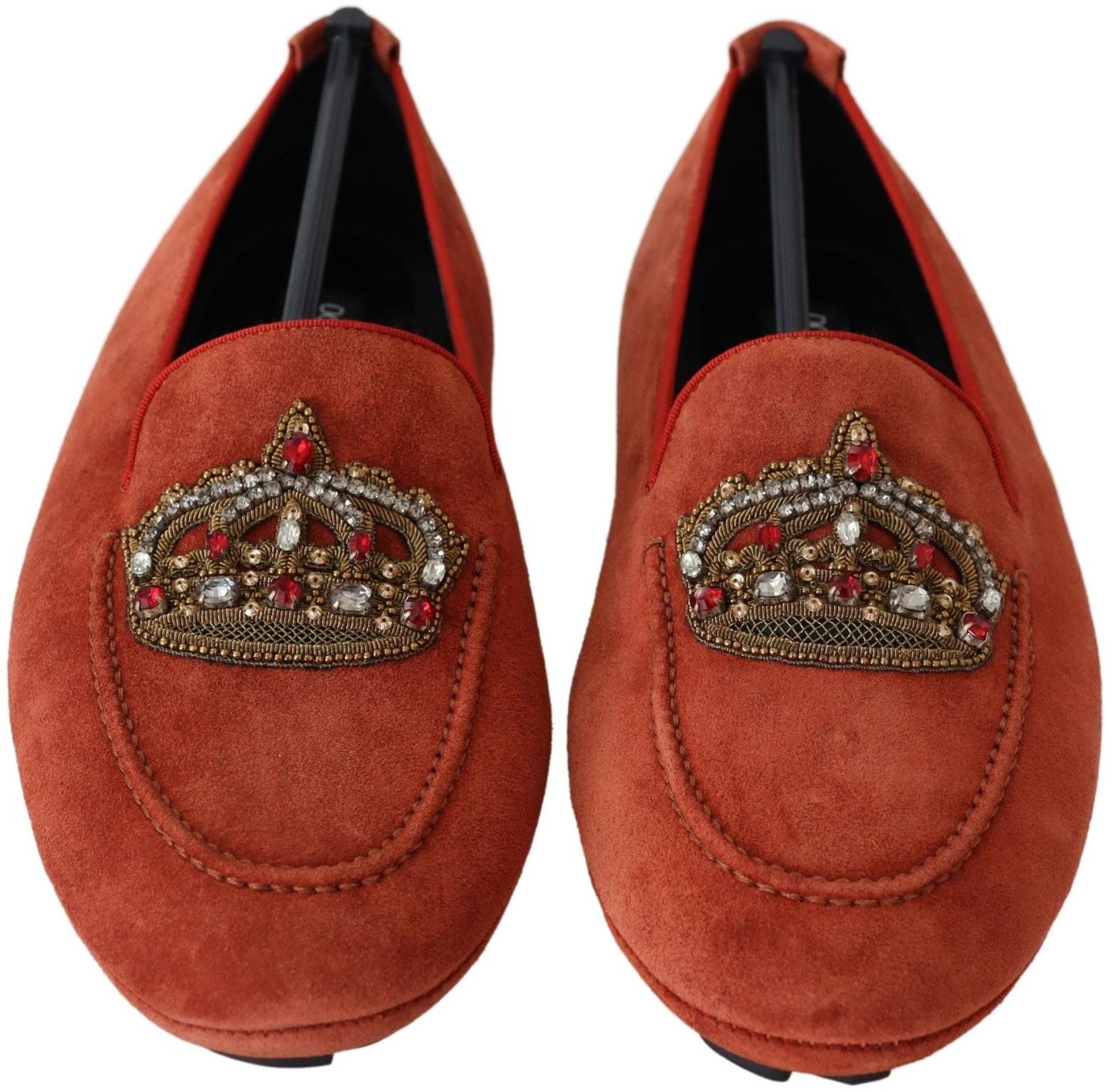 Dolce & Gabbana Orange Leather Crystal Crown  Loafers Shoes