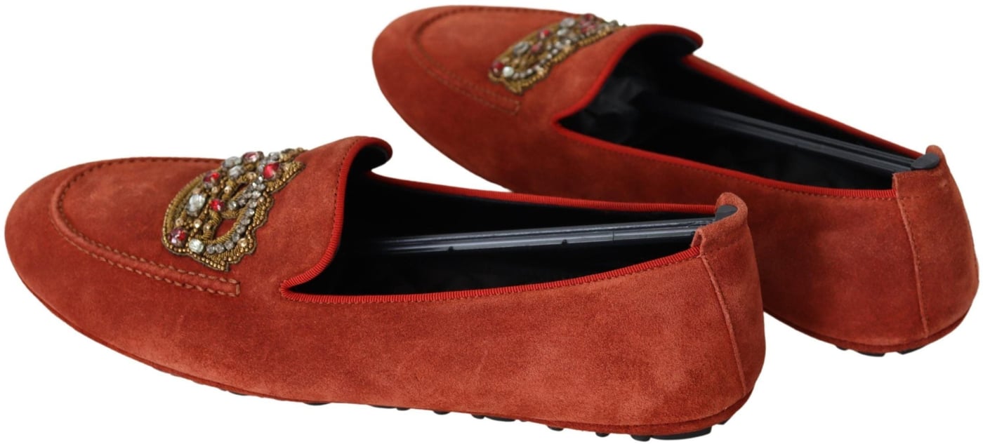 Dolce & Gabbana Orange Leather Crystal Crown  Loafers Shoes