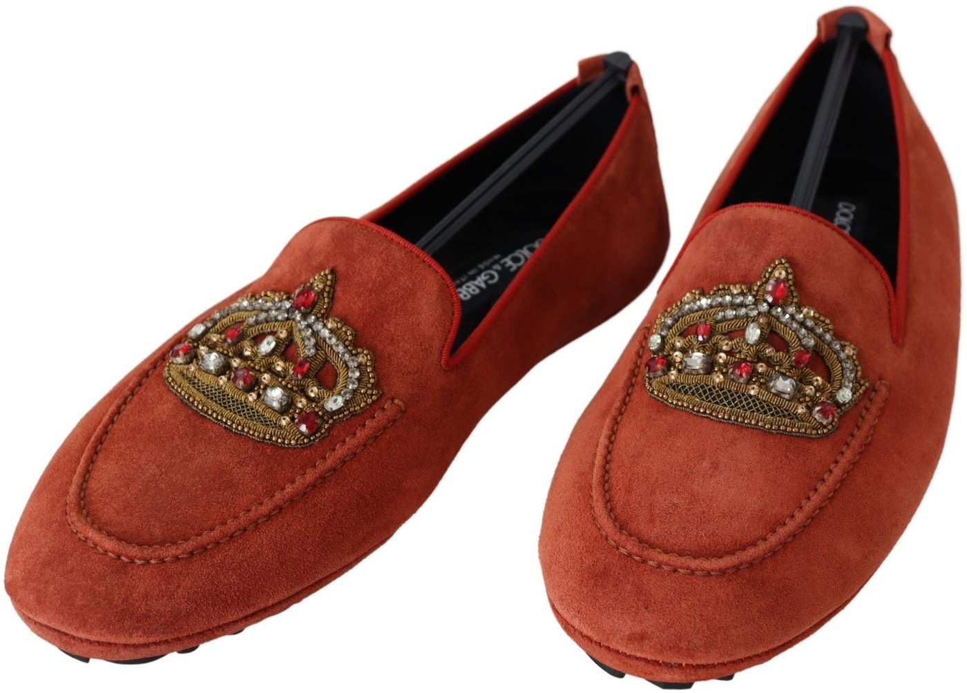 Dolce & Gabbana Orange Leather Crystal Crown  Loafers Shoes