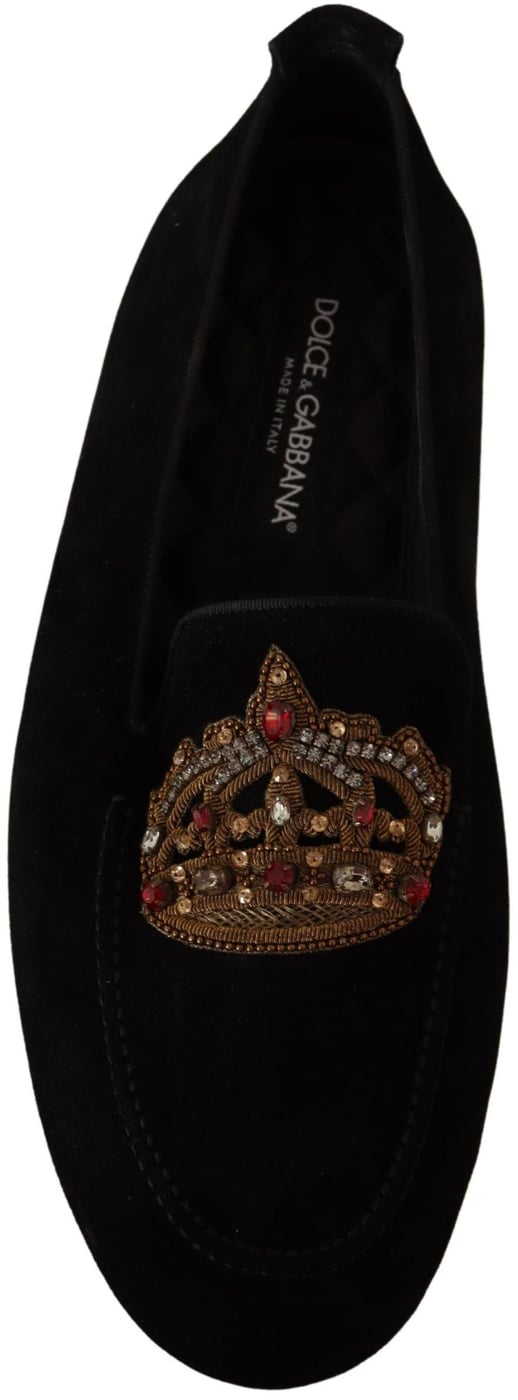 Dolce & Gabbana Black Leather Crystal Gold Crown Loafers Shoes