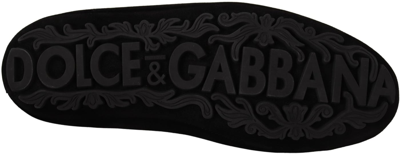Dolce & Gabbana Black Leather Crystal Gold Crown Loafers Shoes