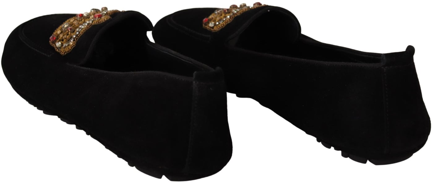 Dolce & Gabbana Black Leather Crystal Gold Crown Loafers Shoes