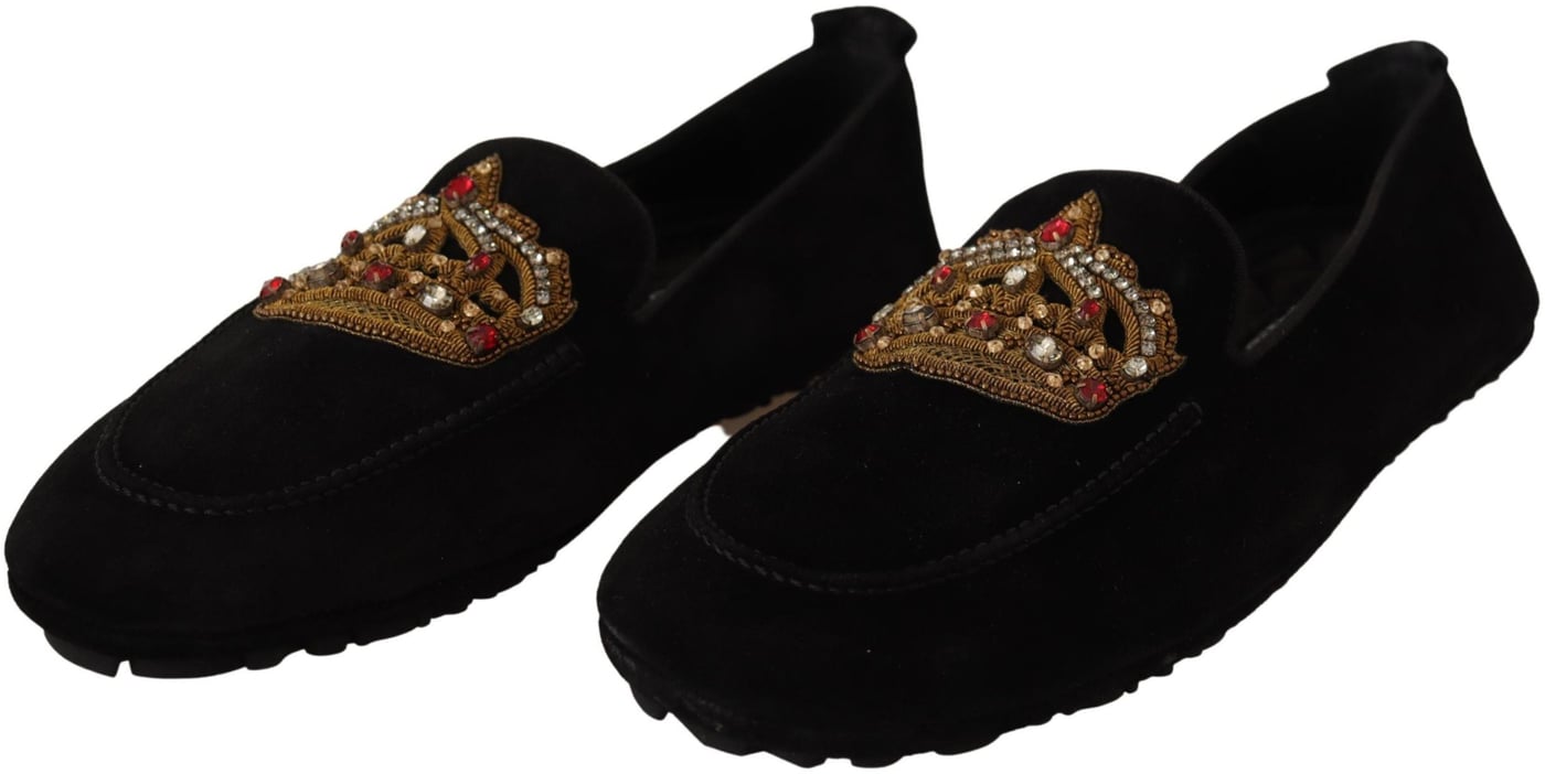 Dolce & Gabbana Black Leather Crystal Gold Crown Loafers Shoes